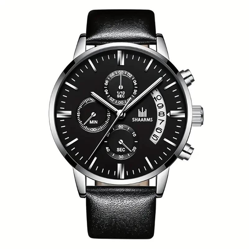 Quartz Klocka med datum / Armbandsur med Läderarmband