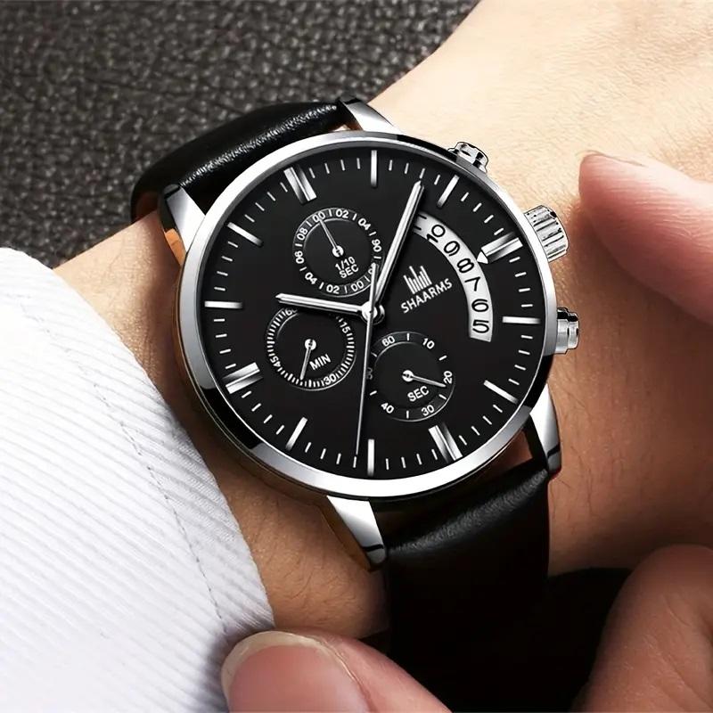 Quartz Klocka med datum / Armbandsur med Läderarmband