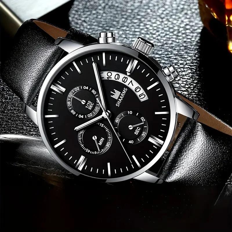 Quartz Klocka med datum / Armbandsur med Läderarmband