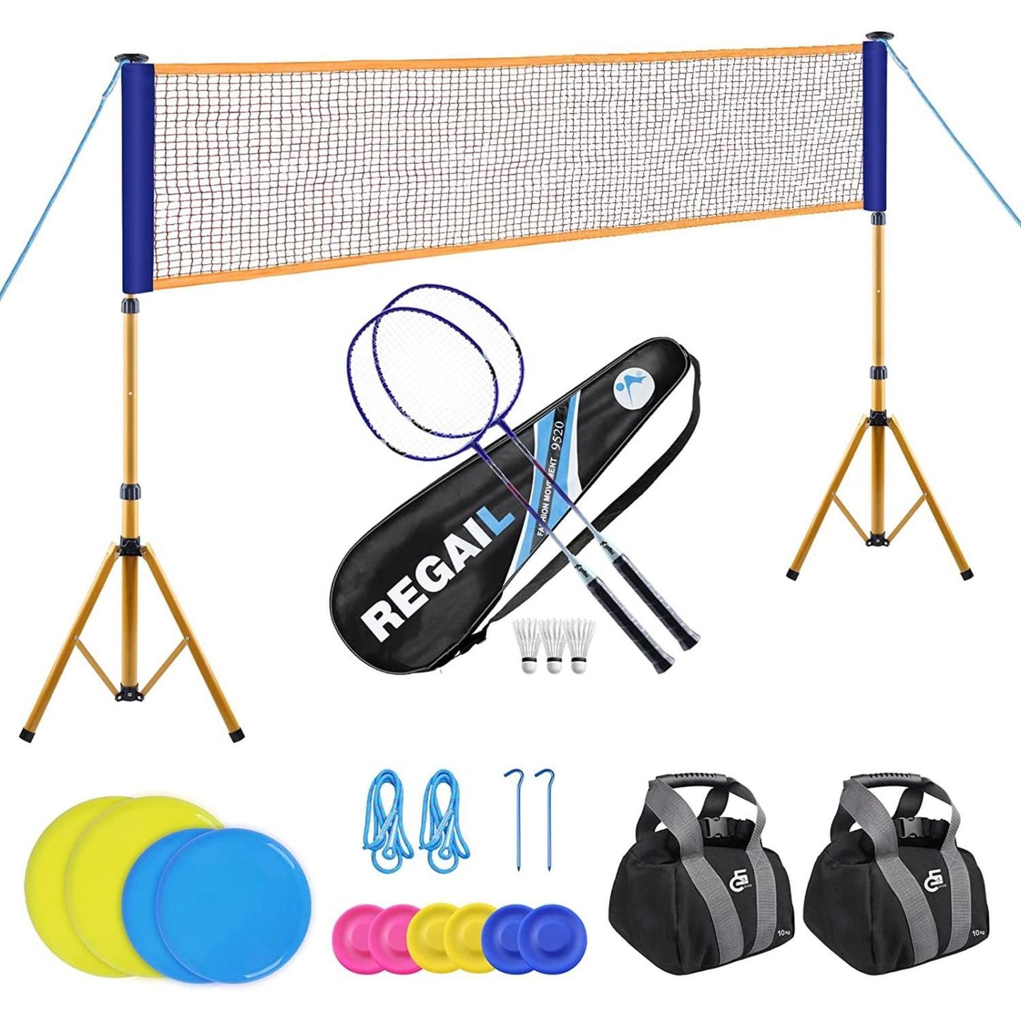 Komplett set för badminton och frisbee (inkl monteringsvikter för nätet)