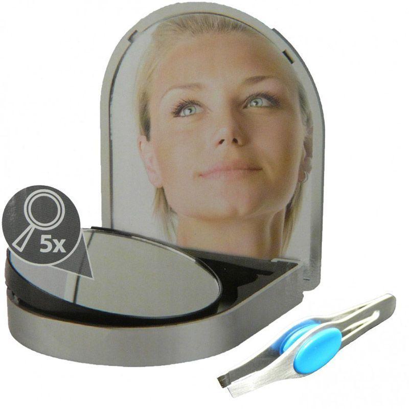 Sminkspegel / Resespegel med pincett - Vanlig 1x + 5x