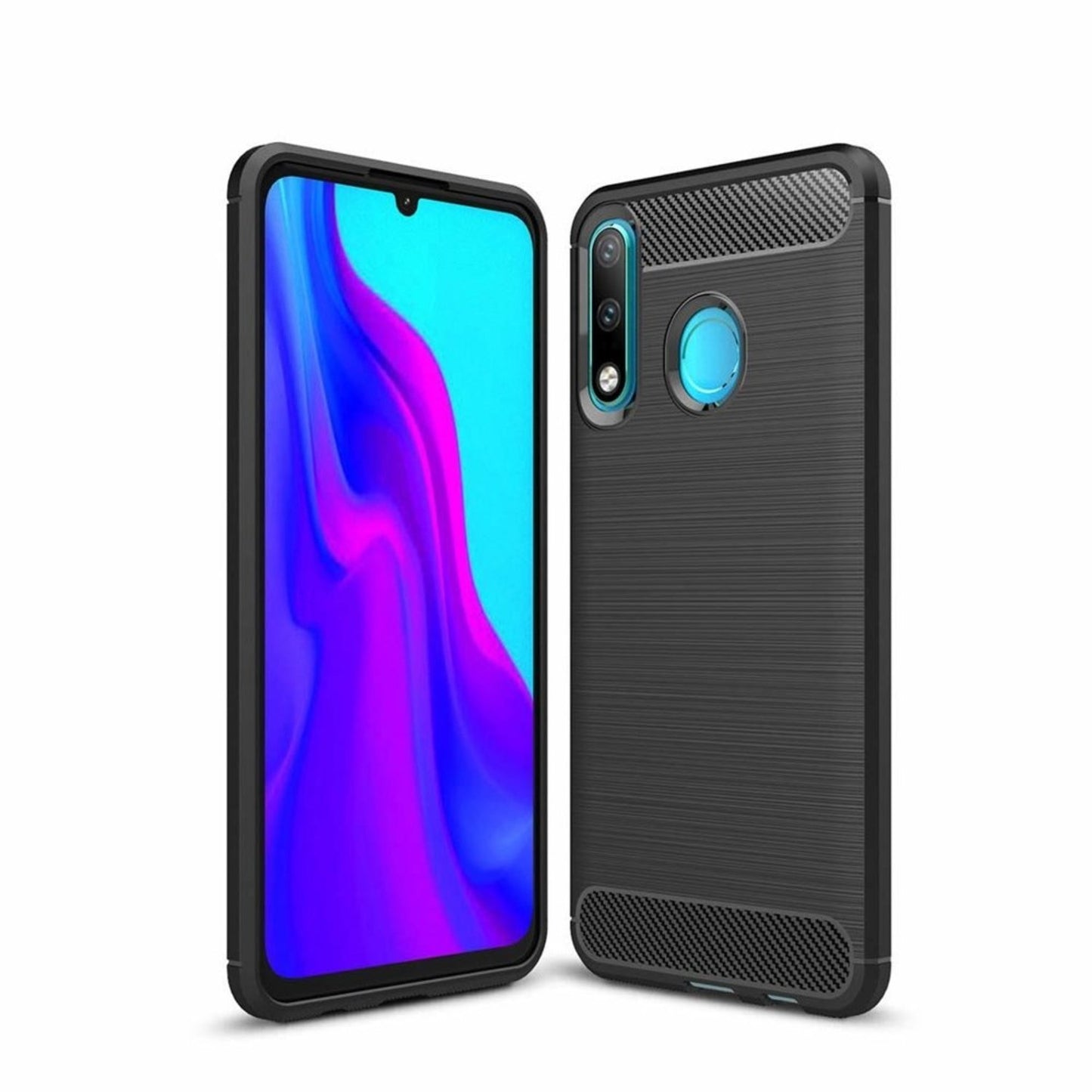 Huawei P30 Lite - Cover Gummi i kulfiber design - Sort